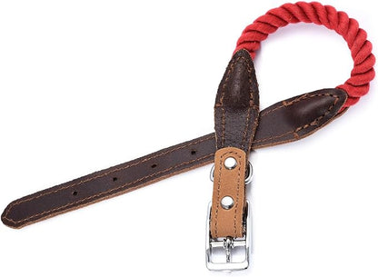 Mile High Life Genuine Leather Dog Collar, Durable Braided Cotton Rope Collar with Metal Pin Buckle for Small Medium Large Dogs (Red, M Neck 15"-18")