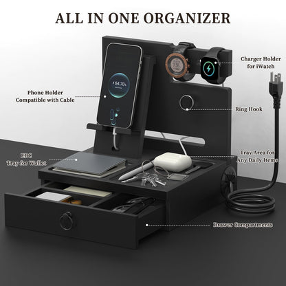 upcessory Nightstand Organizer, Wood Bedside Organizer Docking Station with USB Ports and Outlets, Gifts for Men, Nightstand Drawer Organizer for Cellphone, Watch, Sunglasses & Accessorie