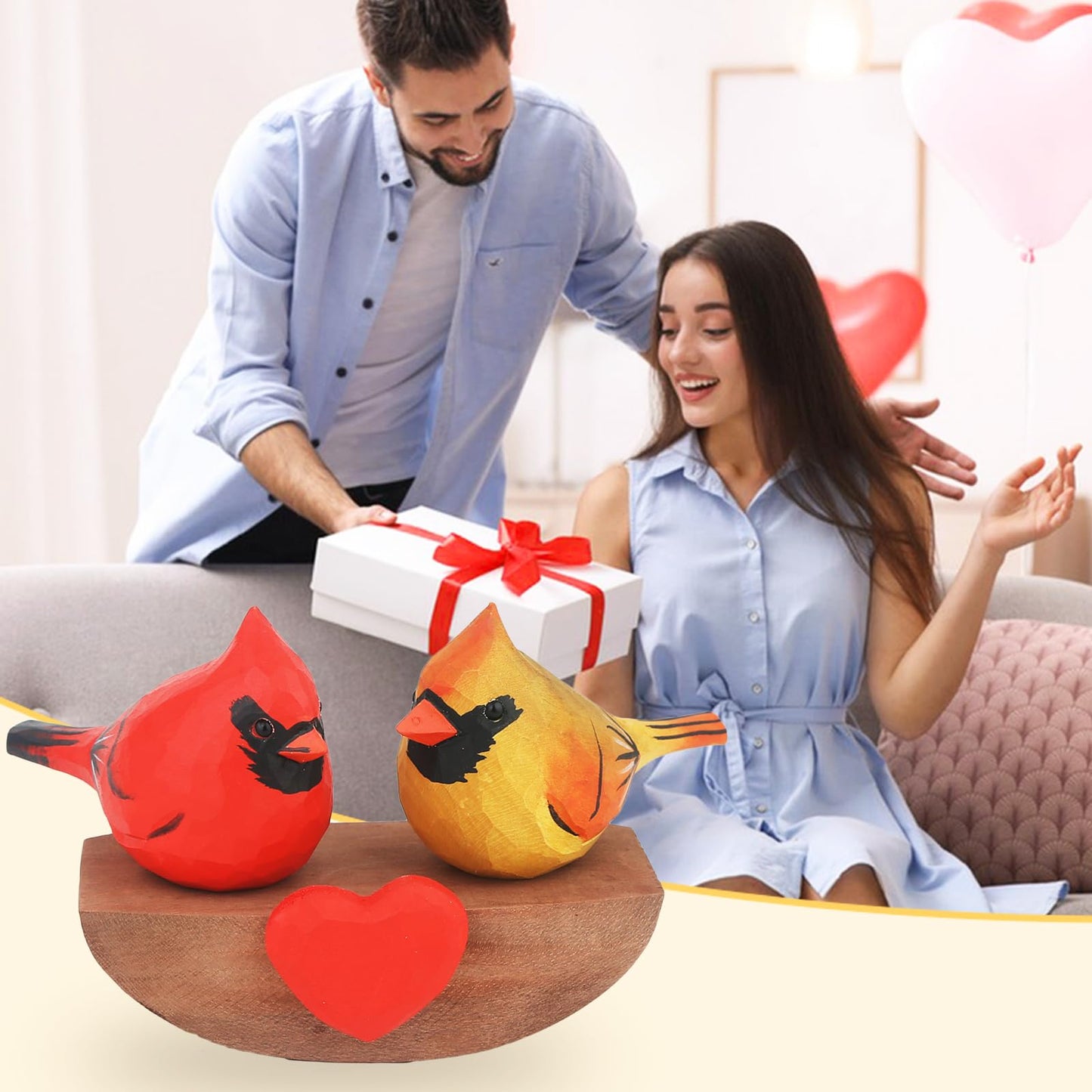 Xiyuelily Handmade Wooden Cardinal Figurines on Heart Base - Set of 3 Hand-Carved Male & Female Red Bird Statues - Romantic Couples Gift for Anniversary, Valentine's Day, Wedding & Home Decor Accents