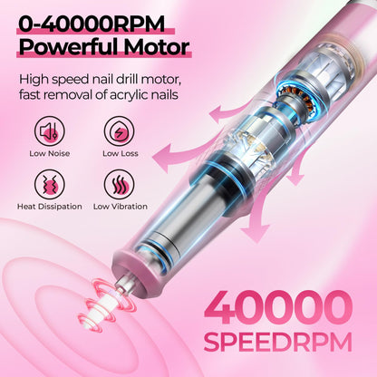 40000RPM Electric Nail File Drill Professional Kit, Drill Machine with LCD Display, Manicure Pedicure Polishing Acrylic Gel Nail Grinder for Salon, Home Use