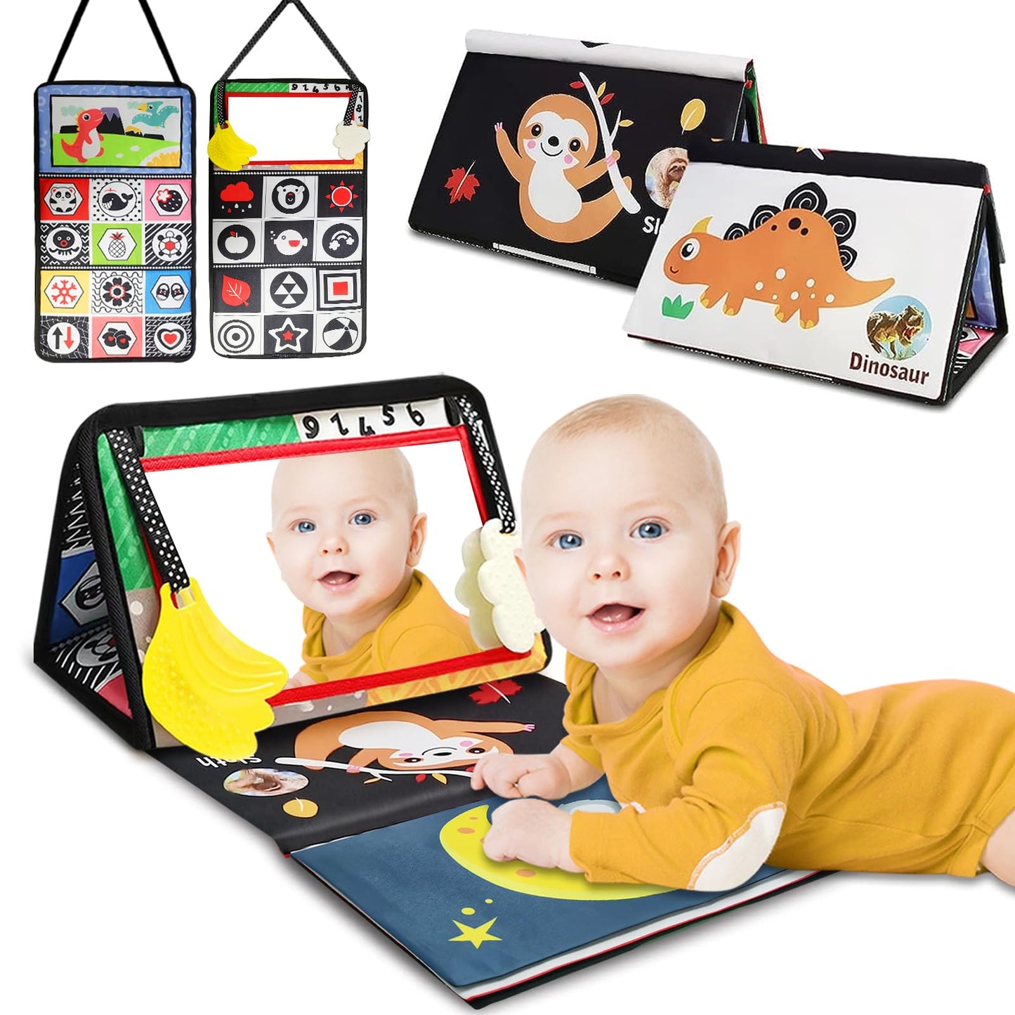 Baby Mirror Toys for Tummy Time, Newborn Infant 0 3 4 6 12 Months Old Boy, Girl Gift. Brain Developmental Montessori Sensory High Contrast Crinkle Book w Safe Mirror for Floor, Crib, Car, Bouncer