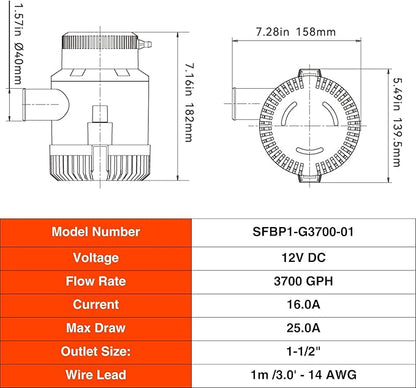 SEAFLO 01 Series 3700 GPH Bilge Pump – 12V, 1-1/2" Outlet, Marine Submersible Pump with Anti-Airlock Protection, CE & Rohs Certified, 4-Year Warranty | Reliable for Boats and Marine Applications
