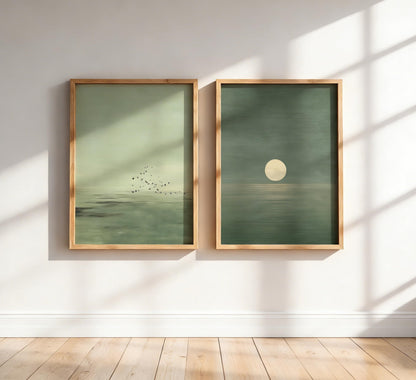 Framed Minimalist Sunset Wall Art Green Ocean Landscape Wall Decor Scandinavian Zen Painting Picture Abstract Landscape Poster Prints Artwork for Bedroom Living Room Office Meditation Room