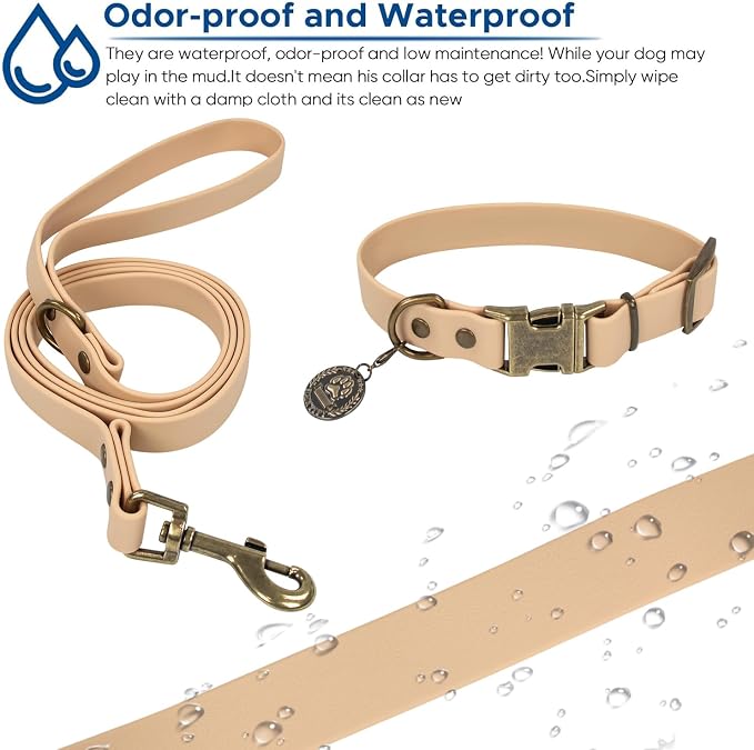 Wisedog Waterproof Dog Collar and Leash Set, XS, Sand Color | Adjustable Puppy Collar, Cute Tag, 4FT Dog Leash, Includes Poop Bag, For Small Medium Large Dogs