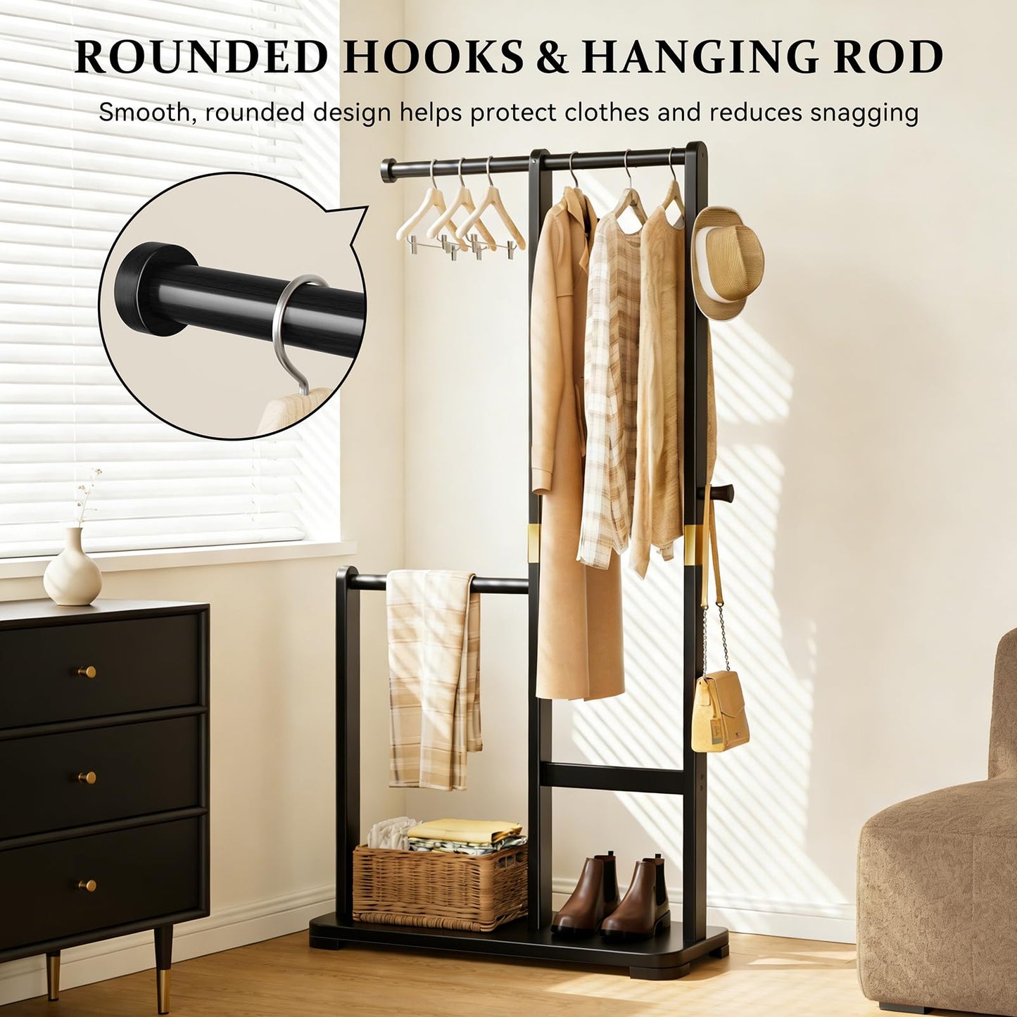 Wamhom Solid Wood Coat Rack, Freestanding Standing Clothes Rack with Double Hanging Rods for Coats, Jackets, Wooden Coat Tree Garment Rack for Bedroom Entryway Hallway, Space Saving Small Coat Rack