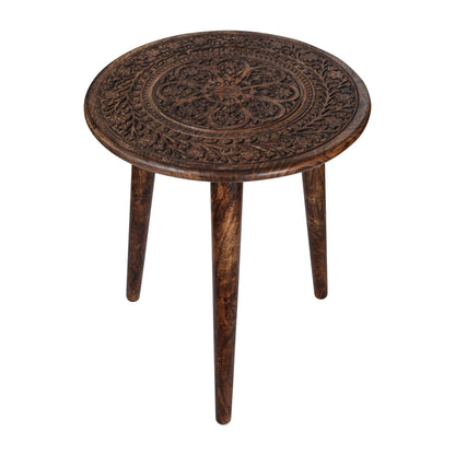 Side Tables Round with 3 Legs-Small Drink Table for Small Spaces, Modern Accent Nightstand with Hand-Carved Top & Solid Wood end Tables for Living Room, Bedroom,Office – Burnt Finish_18x22