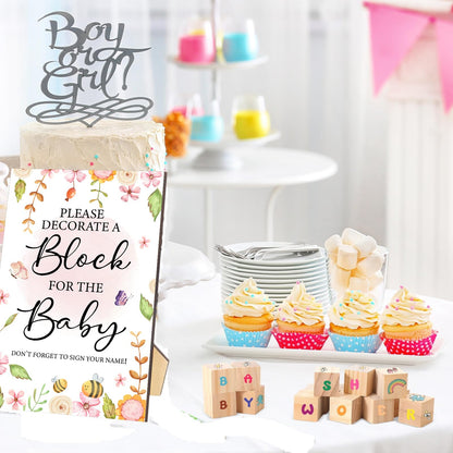 AryiHitt 97 Pcs Baby Shower Game Sign Set Includes Decorative Square Signs 56 DIY Blank Wooden Blocks 20 Paint Markers (Garden)