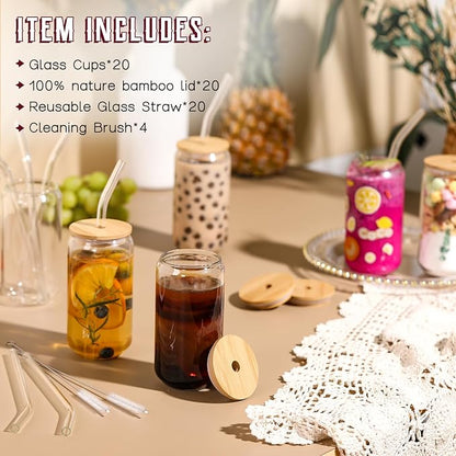 NETANY 20 Pack Glass Cups with Lids and Straws 16 oz, Personalized Customizable Glasses for Gift, Business, Drinking glasses set, Iced Coffee Cup, Cute Aesthetics Tumbler for Tea, Homemade Drinks