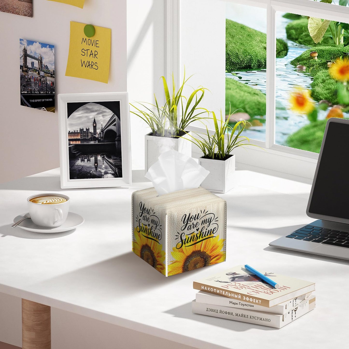 2 Pack Sunflower Sunshine Tissue Box Cover Square Wooden Board Texture PU Leather Tissue Box Holder Waterproof Facial Paper Organizer Dispenser for Bathroom Kitchen Home Office Car