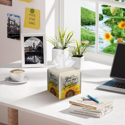 2 Pack Sunflower Sunshine Tissue Box Cover Square Wooden Board Texture PU Leather Tissue Box Holder Waterproof Facial Paper Organizer Dispenser for Bathroom Kitchen Home Office Car