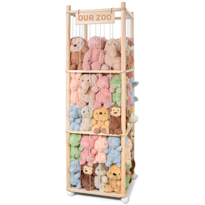 Stuffed Animal Storage, Wooden Cute Zoo Toy Holder with Brake Wheels, Space Save Toy Organizer, Large Capacity Stuffed Animal Holder, Perfect for Nursery Playroom Kidroom Bedroom-54 Inch