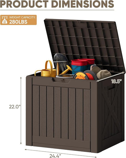 JUMMICO 42 Gallon Deck Box Waterproof, Resin Outdoor Storage Box with Side Handles, Outdoor Storage Benches Lockable for Patio Cushions and Garden Tools (Brown)