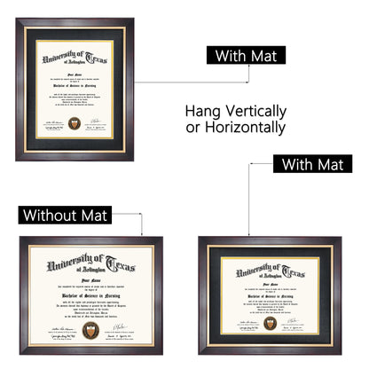 GMFrames 8.5x11 Wood Diploma Frame with Black Mat or Display 11x14 Certificates without Mat,Tempered Glass,Deep Brown Finish with Gold Trim
