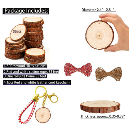 SENMUT Unfinished Wood Slices 30pcs 2.4"-2.85" Wood Circles for Crafts Predrilled Natural Wood Rounds Wooden Discs Christmas Wood Ornament for Crafts