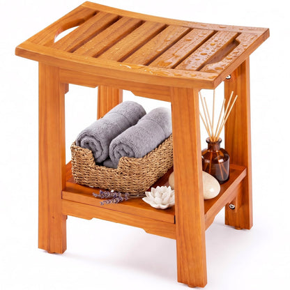 OLIXIS 14" Wooden Shower Bench, Waterproof Shower Stool for Shaving Legs, Bathroom Chair with Storage Shelf & Handles, 300 LBS Capacity Showering Seat for Senior, Adult, Disabled & Elderly