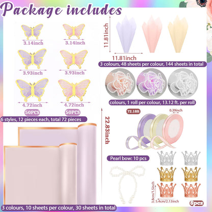 Trandraft 368 Pcs Wedding Birthday Anniversary Flower Bouquet Wrapping Paper Kit Flower Bouquet Accessories Flowers Supplies, 3D Butterfly Pin Ribbon Bow for Florist DIY Craft(Fresh,Lovely Color)
