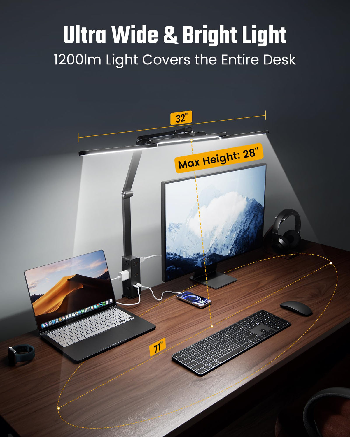 SUPERDANNY LED Desk Lamp with Power Strip, 6 Outlets, USB & Type-C, Large, Black, Model SDDL02