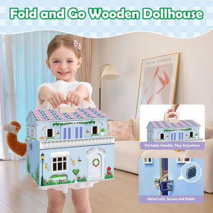 SIMPLIPLAY DIY Portable Wooden Dollhouse, Pretend Play Doll House Set with 4 Rooms, 13 Furnitures, 2 Dolls, 3 Sticker with 2 Styles, 1 Wooden Ladder, Doll House for 3+ Year Old Kids Boys Girls Gift