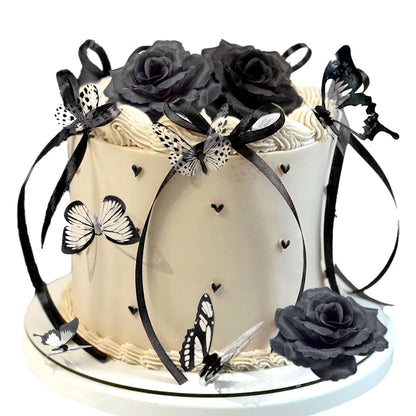Gothic Cake Decorations Bows Butterfly Black Rose Cake Topper Butterfly Coquette Cake Toppers for Goth Birthday Party Supplies