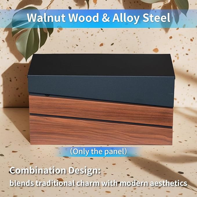 Wall-Mount Mailbox, Wood-Grain Metal Panel, Rust Resistant Large Capacity House Mailbox, Modern Drop Mailboxes for Outside, Metal Post Box (No Keys Locking)