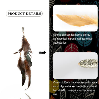 ICYANG Women Feather Hair Clips, 6 Pieces Handmade Boho Hippie Hair Extensions with Clip DIY Viking Hair Accessories Headdress