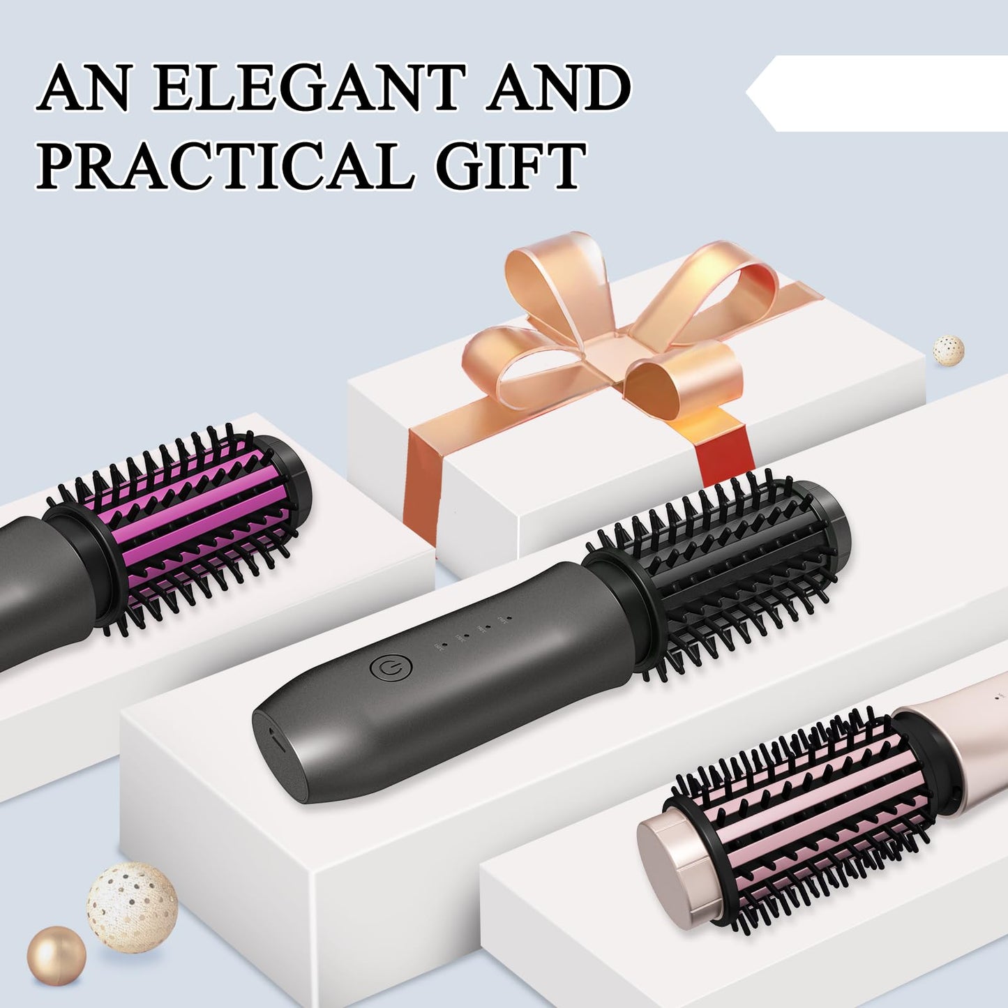Cordless Hair Curling Iron Brush, Travel Curl Brush, 3-in-1 Portable Curling Iron Cordless, Plasma Thermal Hair Brush, 7000mAh USB Rechargeable Curlings Wand, Mini Hot Curlings Brush-Blush Pink