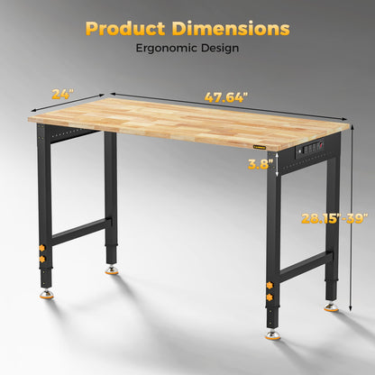 CAMMOO 48 Inch Adjustable Workbench 2000 LBS Capacity, Power Strip, Solid Rubber Wood Top, Heavy Duty Craft Work Table for Home, Garage, Workshop, and Office