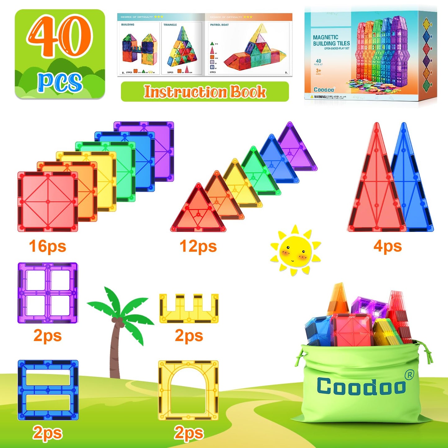 Magnetic Tiles Kids Toys STEM Magnet Toy for Toddler Magnetic Blocks Building Preschool Learning Sensory Montessori Toys for 3+ Year Old Boys and Girls, Safe Creativity Toddler Kids Toy 40PCS