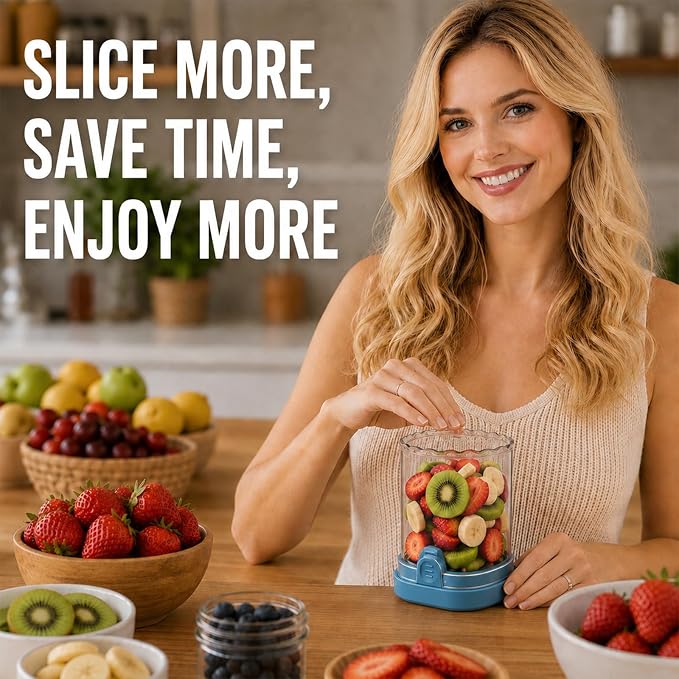 CUNSENR Strawberry Slicer, Fruit Slicer Cup with Stainless Steel Blades, Detachable Strawberry Cutter & Fruit Cutter for Strawberries, Banana, Egg, Cucumber, Mushroom, Quick Meal Prep - Blue