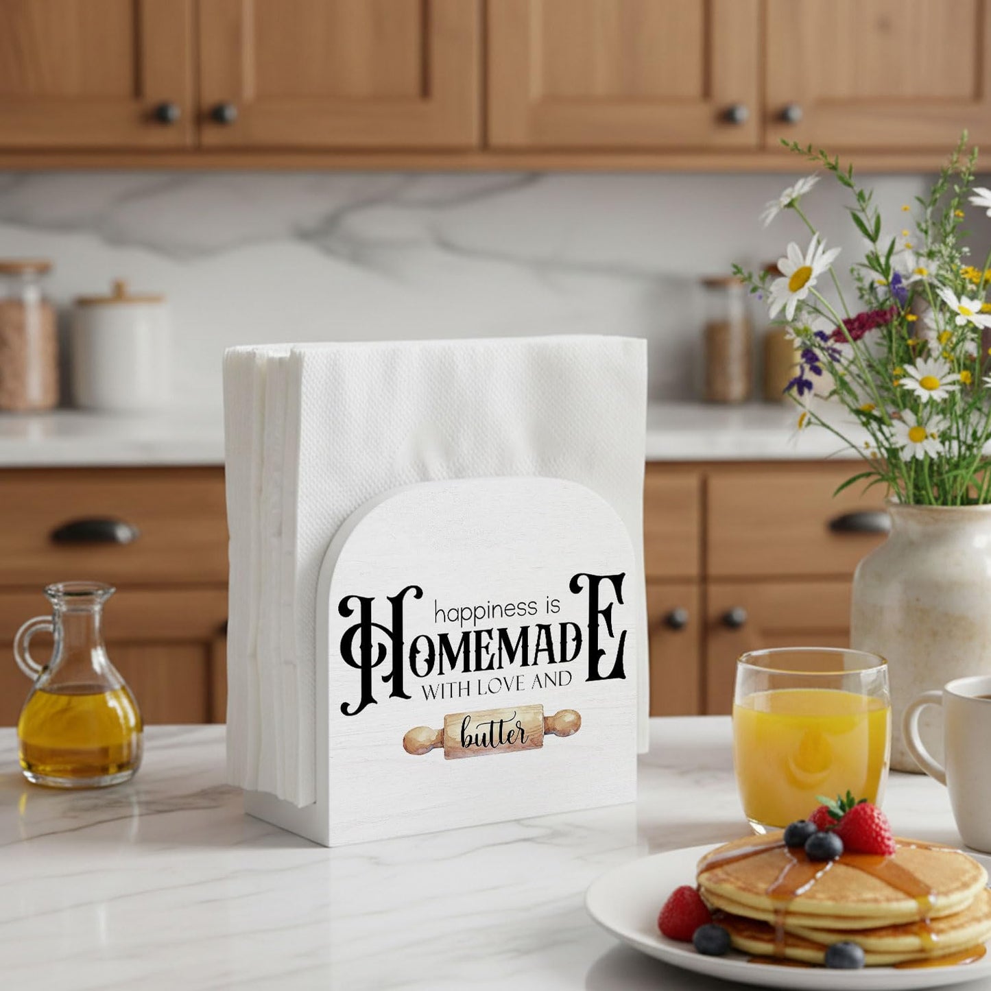 YRDBGHZDF Baking Kitchen Wood Napkin Holder, Happiness Is Homemade with Love and Butter Wooden Standing Napkin Dispenser for Table Kitchen Dining Room Party Bakery Decorations
