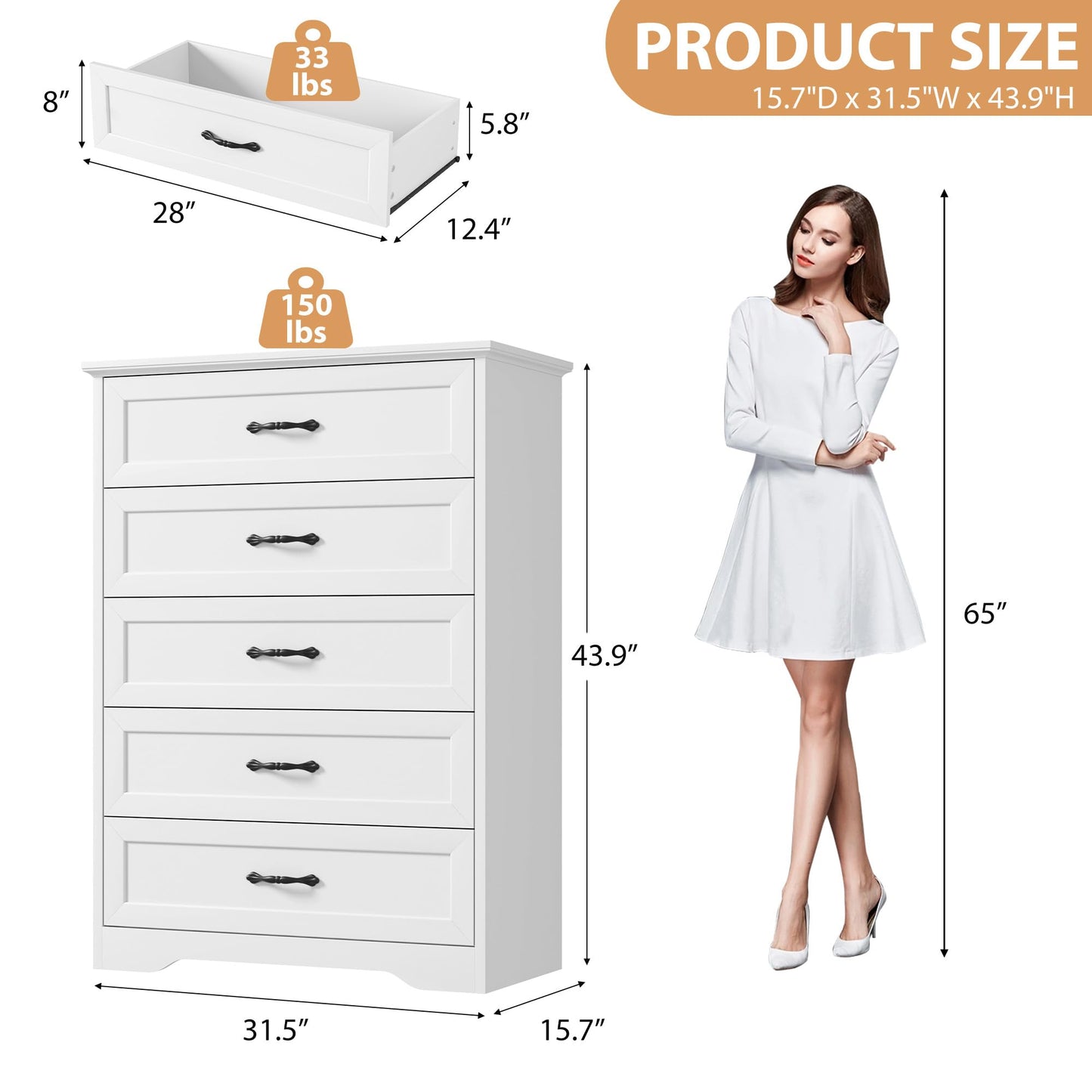 GarveeHome 5 Drawers Dresser for Bedroom, Chest of Drawers with Wide Metal Handle, Farmhouse Modern Wooden Tall Dresser, Natural Texture, Storage Organizer for Bedroom, Living Room, Kids Room(White)