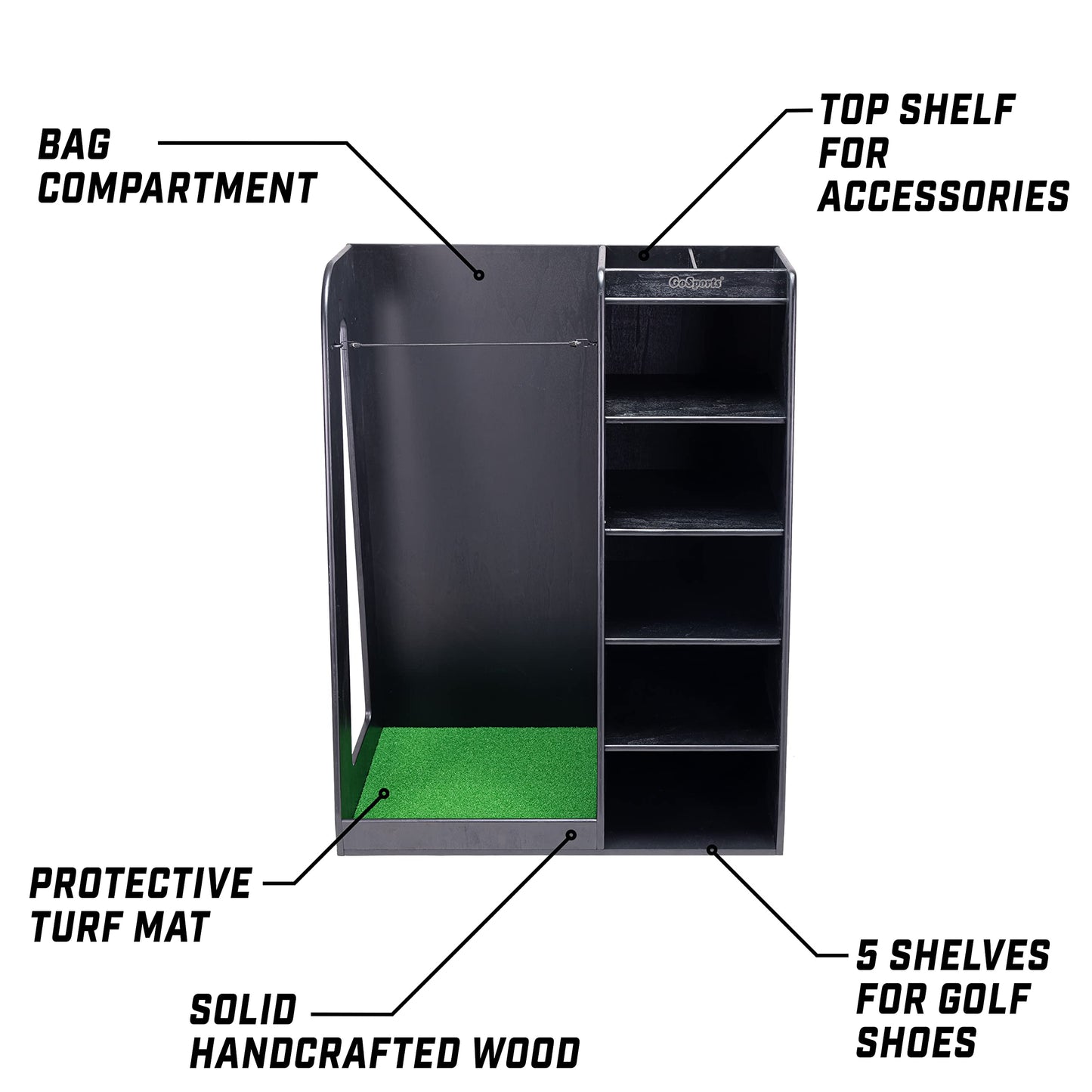 GoSports Premium Wooden Golf Bag Organizer and Storage Rack - Black