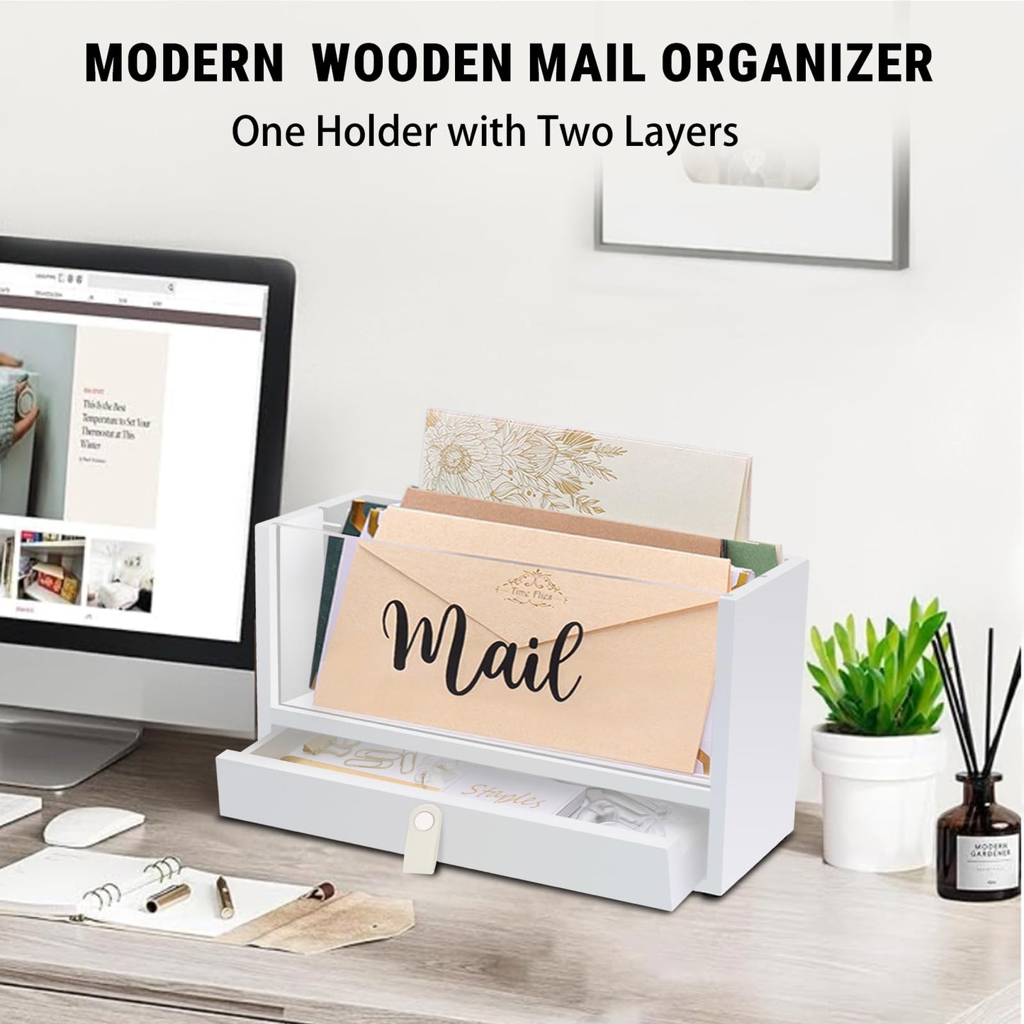 Two-Layer Solid Wooden Mail Storage Organizer Holder with Clear Acrylic Top and Bottom Drawer, Leather Handle, Keeping Mail, Bills, Letters, Cards and Office Supplies in One Place, Home Decor Gifts