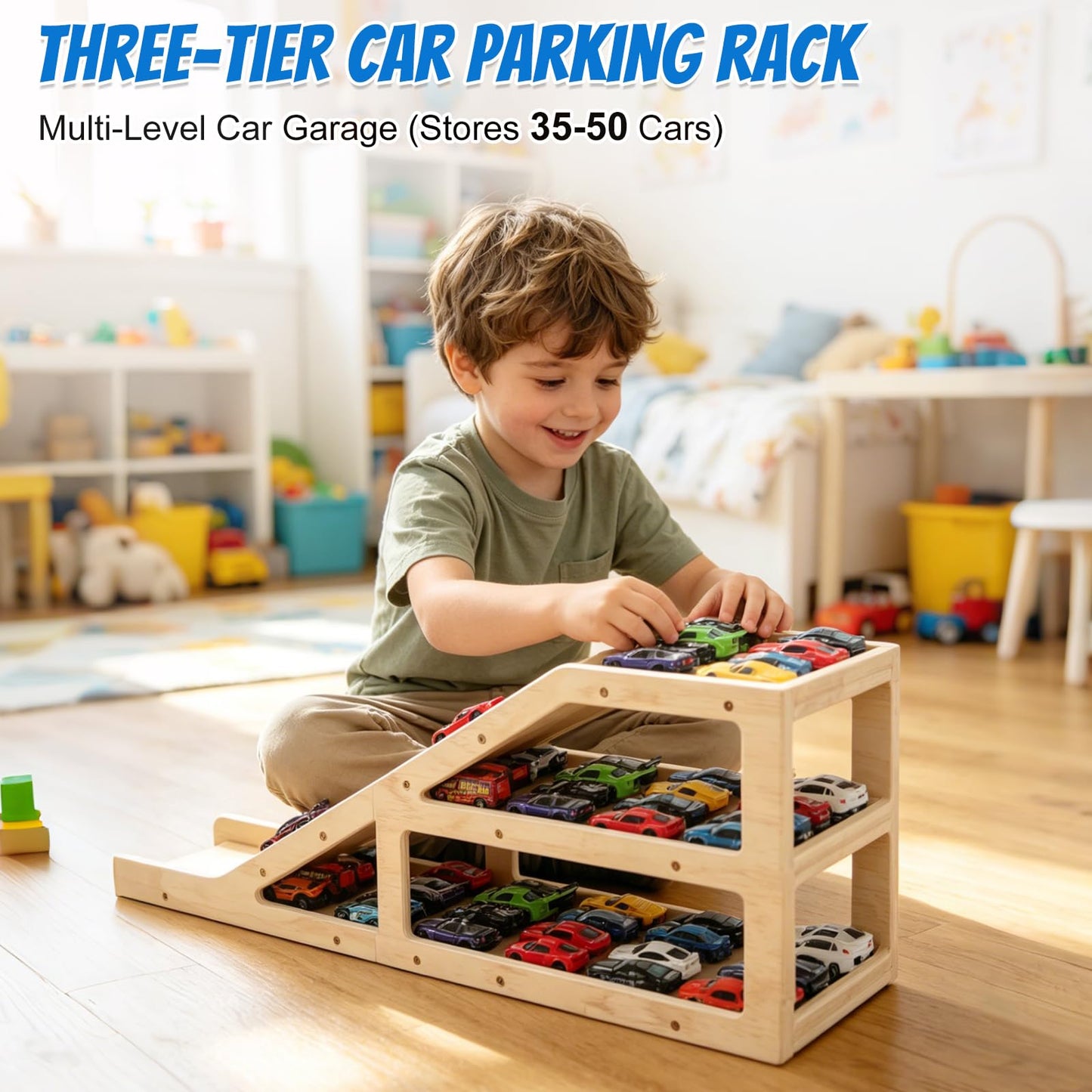 Wooden Toy Car Garage Display Case and Parking Rack with Ramp - 3-Tier Toy Car Storage Shelf Holds 60+ 1/64 Scale Diecast Cars - DIY Paintable Wooden Organizer Compatible with Hot Wheels & Matchbox