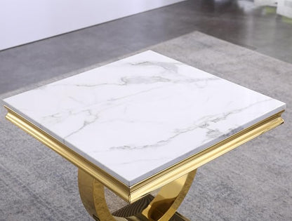 2 Piece Living Room Table Set Include 1 Faux Marble Coffee Table & 1 End Table, Modern White Gold Coffee Table Set of 2 with Double O Shape Stainless Steel Pedestal Base