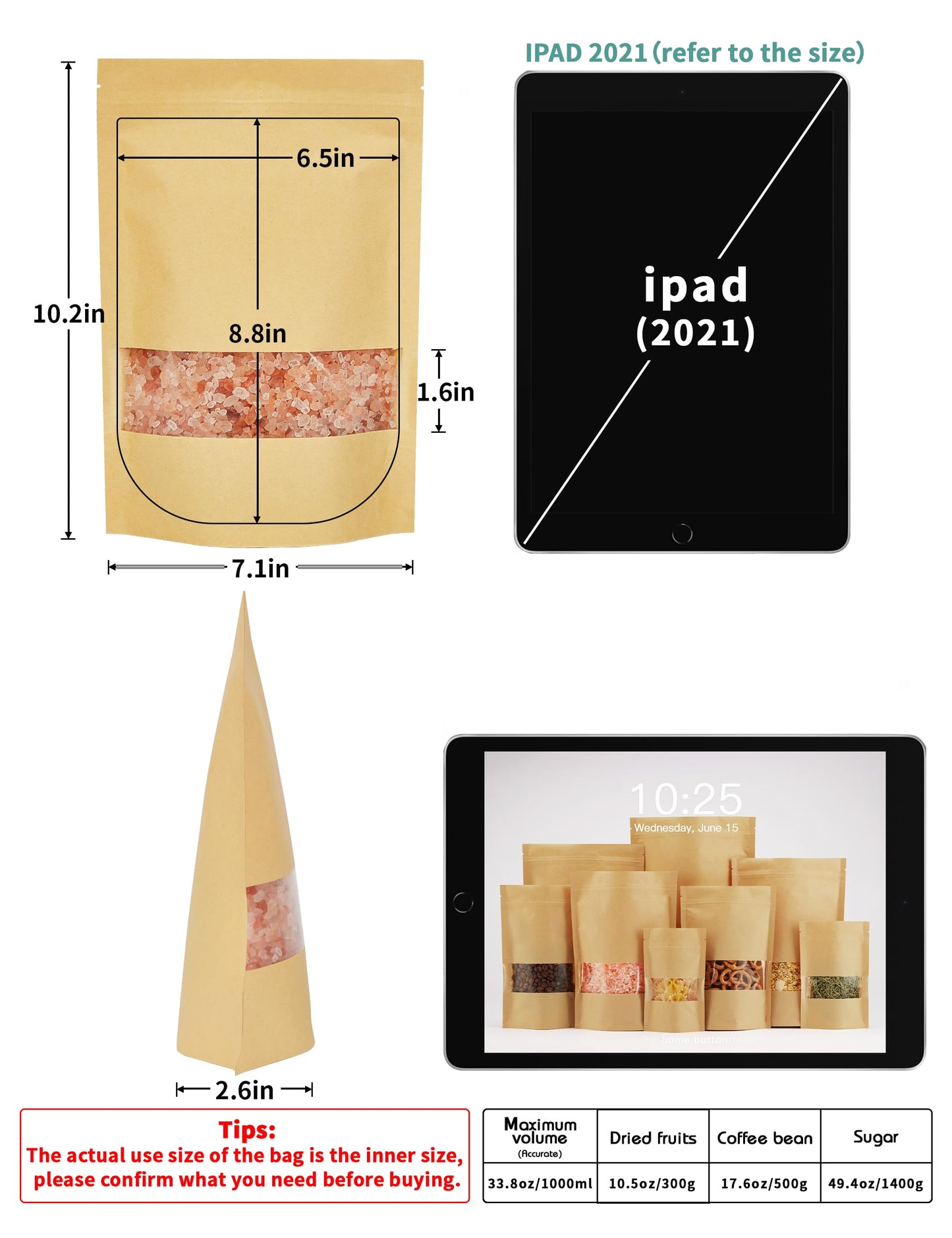 FireKylin 100 Pcs Brown Paper Bags with Window, 7.9" x 11.8" Stand Up Pouches Bags, Zipper Food Storage Bags for Packaging Products, Reusable, Sealable