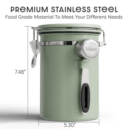 Veken Coffee Canister with Window, Airtight Stainless Steel Kitchen Food Storage Container with Lids, Date Tracker and Scoop for Grounds Coffee, Beans, Tea, Flour, Cereal, Sugar Jars, 22OZ, Green