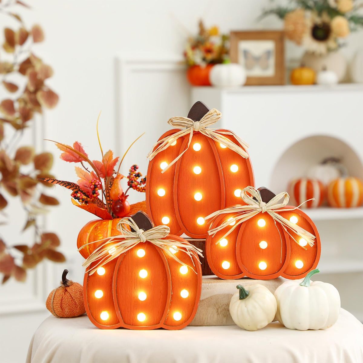 Grinsvalley 3 Pcs Light up Fall Pumpkin Decor Table Centerpieces Wooden Pumpkin Block Sign Rustic Tiered Tray Decorations Standing for Autumn Harvest Farmhouse Fall Mantel Desk Office Party