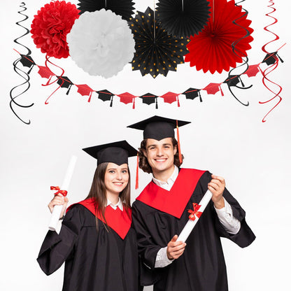 Red-Black White Party-Decorations Graduation Banner-Streamers - 18pcs Kits 2026 Congrate Grad Garland,Congratulations Paper Tissue Pom Poms Fan,Honeycomb Lanterns Decor Panduola