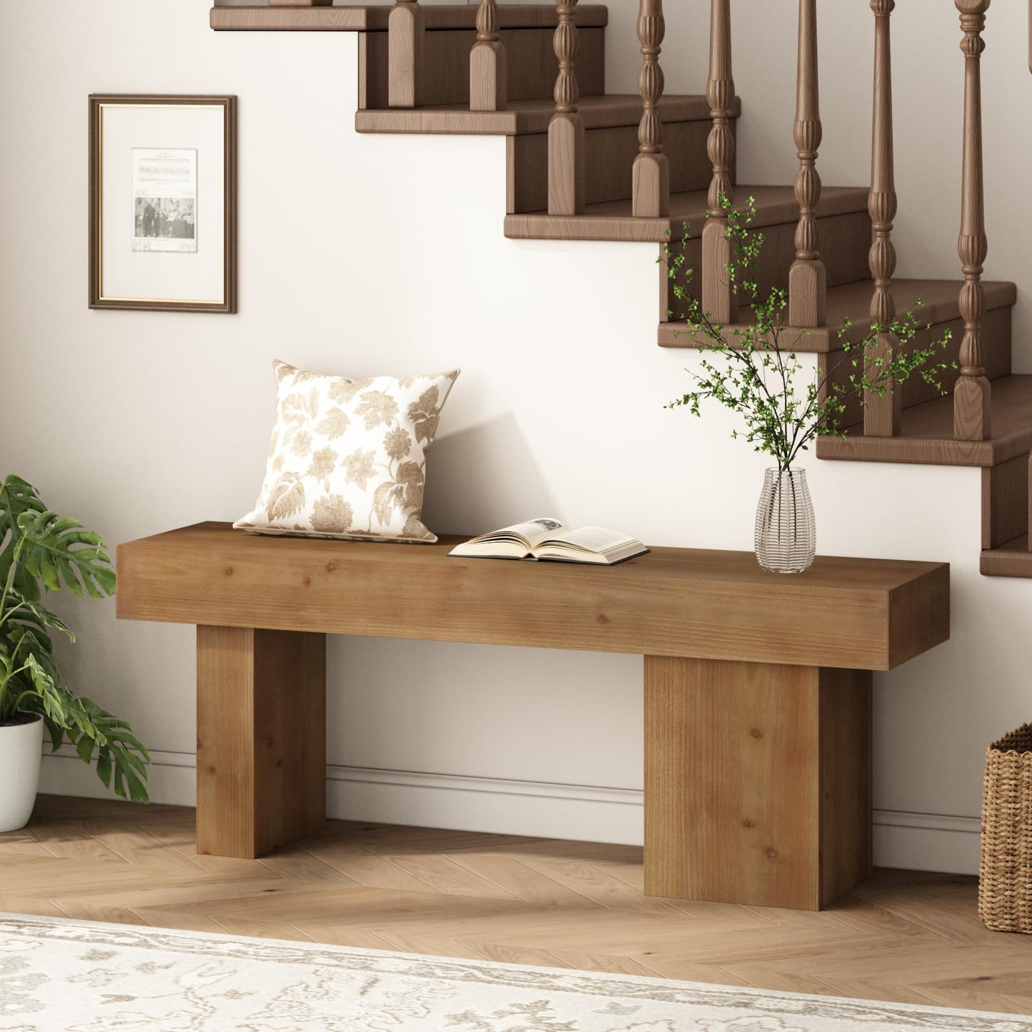 WINWY Farmhouse Solid Wood Entryway Bench, 47.3" Rustic End of Bed Bench for Bedroom, Handcrafted Accent Seating for Dining, Kitchen, Hallway, Living Room - 15 Min Assembly