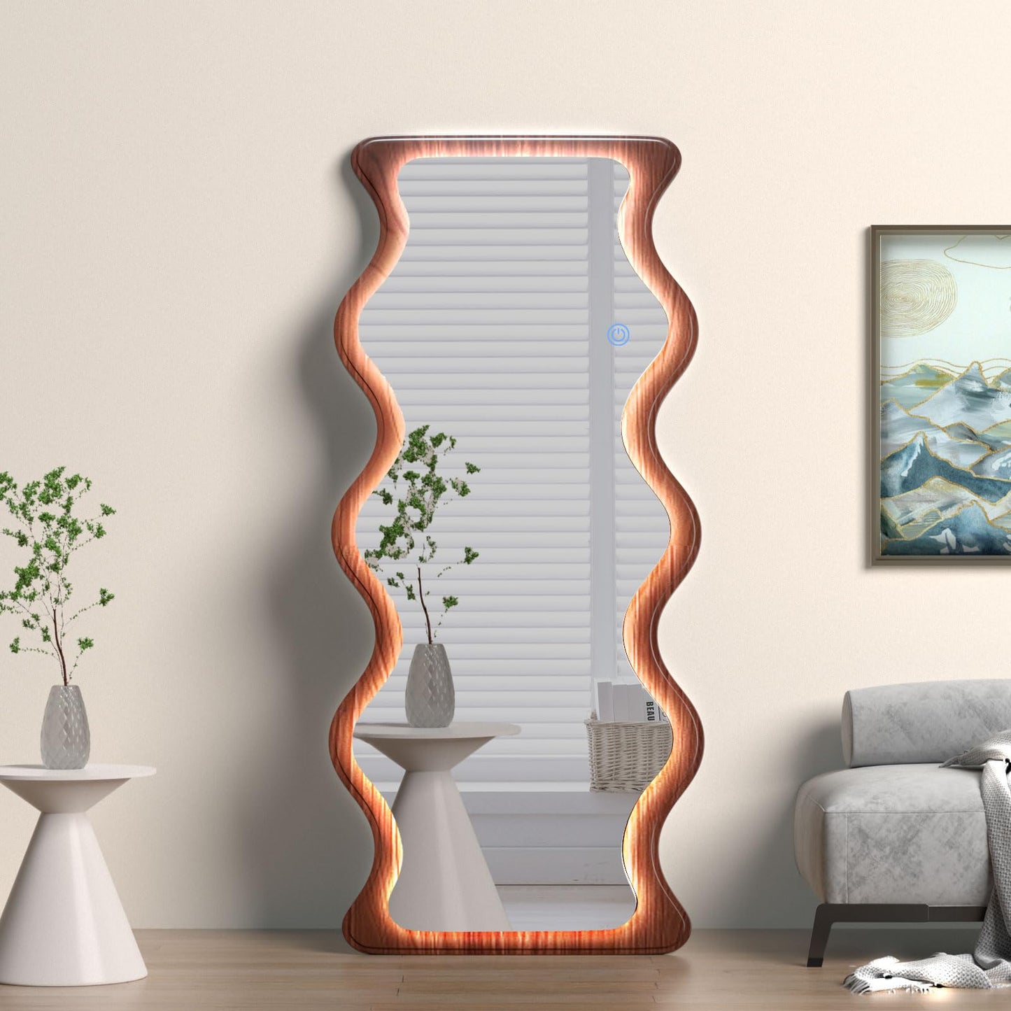 osemy 65"x 24" Irregular Wavy LED Full Length Mirror with Lights Wood Frame Full Body Mirror, Free Standing/Wall Mounted/Leaning for Dressing Bedroom Living Room Walnut Brown