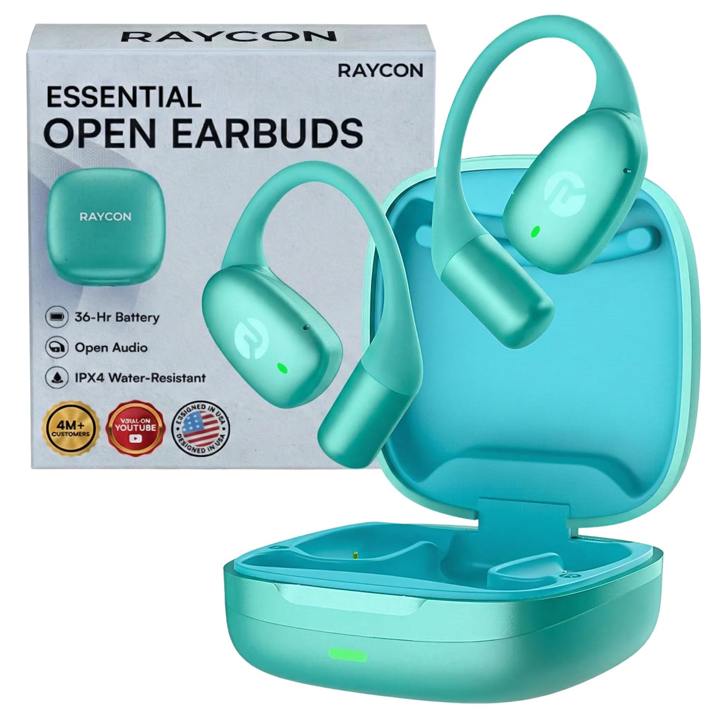 Raycon Essential Open Ear Earbuds – Open Ear Headphones, Earbuds Wireless Bluetooth, Sweat & Water-Resistant Earphones, Running Headphones with Ultra-Lightweight Design, 36 Hours Battery Life (Mint)