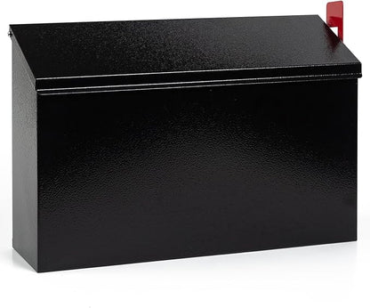RAINHOL Wall Mount Mailbox for House Outside, Large Capacity Outgoing Mail Box with Red Flag Kit, Galvanized Steel Rust-Proof Mailboxes for Outside, Black Metal Post Box, 14.2 x 9.5 x 3.9 Inches