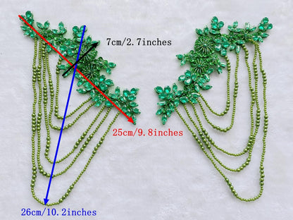 1 Pair Beaded Rhinestones Applique Embellishment for Clothes Epaulettes Shoulder Patches Sew-on Diamond Sequin Tassels Applique for Wedding Dress DIY Accessories 9.8X10.2inches (Champagne)
