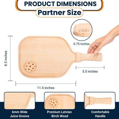 DinkCraft Pickleball Charcuterie & Cutting Board, Pickleball Gift, Partner Size - 17 x 8.5 x 0.75”, Birch Wood, Paddle Shape with Handle, Mineral Oil Finish