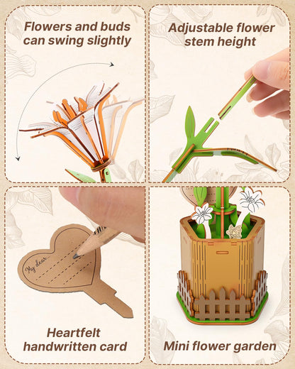 KAAYEE 3D Flower Wooden Puzzles for Adults, 70 PCS Wood Lily DIY Craft Kit Brain Teaser Creative Gift for Puzzle Lovers Home Decors Fake Flowers for Table, Desk, Office