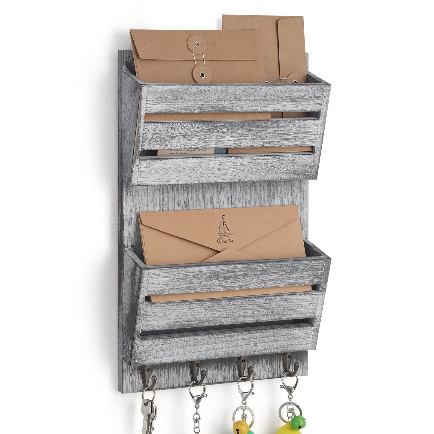 BTY Mail Sorter Wall Mounted, Wooden Mail Holder with 4 Key Hooks, 2 Slot Letter Bills Newspaper Magazine Organizer for Entryroom Hallway Office Garage, Gray White