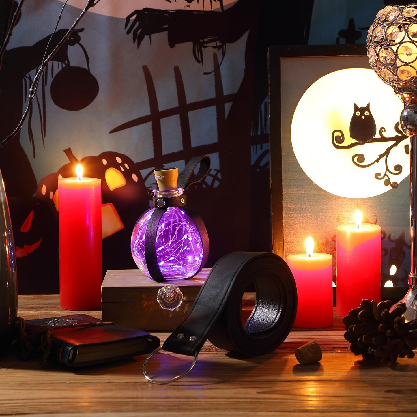 Geyoga Halloween Witch Potion Bottles Wizard Staff Solar Light up Medieval Renaissance Witch Accessories Dark Magic Cork Bottle with Belt Decor(Black with Purple Light)