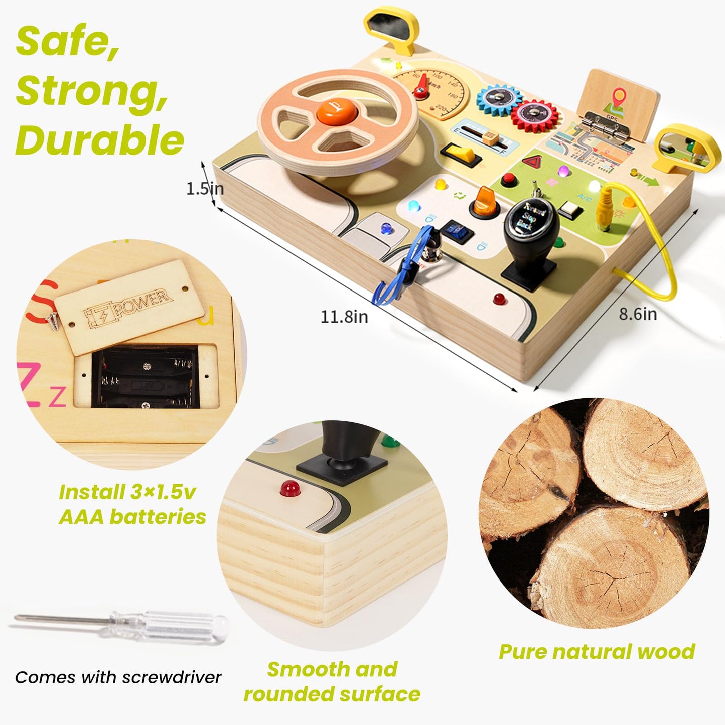 Montessori Busy Board for Toddlers Baby Busy Board Car Steering Wheel Wooden Sensory Board Travel Toys for Fine Motor Skill Gift for 3+ Years Old Boys Girls Christmas Birthday Parents