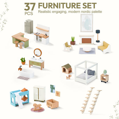 Giant bean Modern Wooden Dollhouse with Lights & 37PCS Furniture Set – Nordic Style 3-Story Playhouse for Kids Age 3+, Natural Wood Montessori Doll House with Realistic Rooms, Gift for Girls & Boys